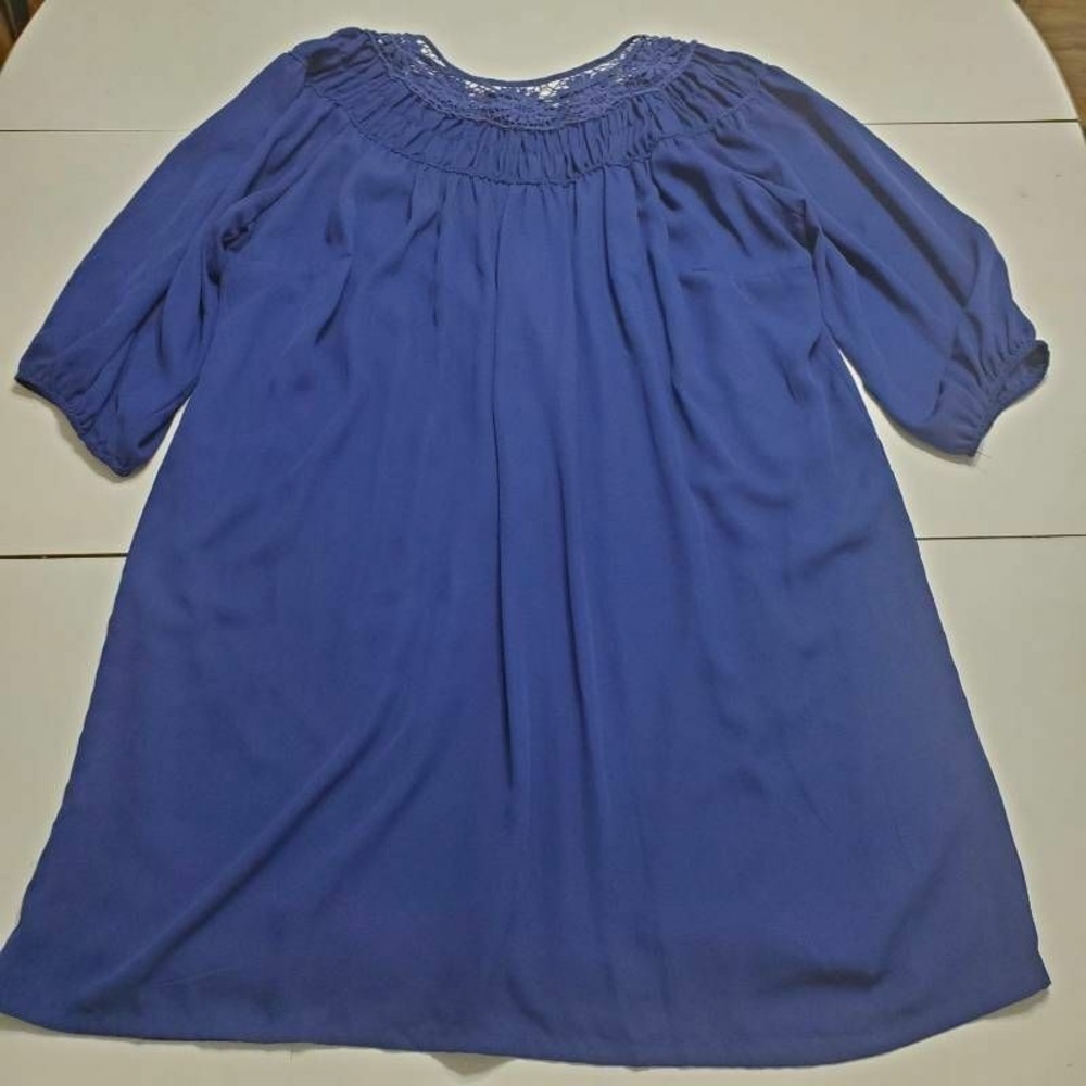 Justify Womens Tunic Top Blue Lace Trim Scoop Neck Short Sleeve Smocked Plus 1X